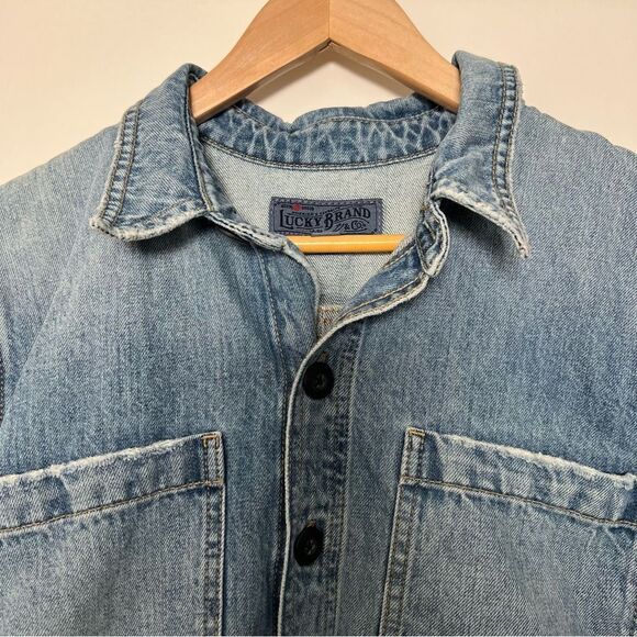 Lucky Brand Womens Jean Dress Large Drawstring Button Up Fray Hem Short Sleeve - Picture 7 of 13